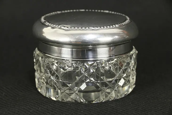 Victorian Antique 1900 Cut Crystal Boudoir Jar, Sterling Silver Lid #30225