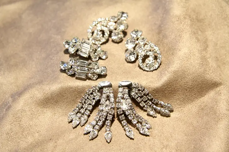 Stunning Lot of 3 Vintage Shimmering Rhinestone Clip On Earrings, Glamor