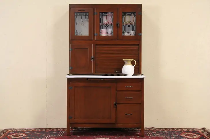 Hoosier Maple 1920's Antique Kitchen Cupboard, Porcelain Top