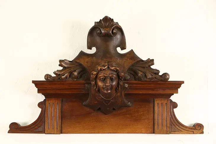 Italian 1890 Antique 27" Walnut Architectural Fragment, Carved Head
