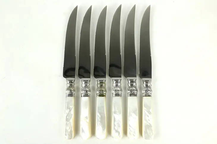 Set of 6 Sheffield English Pearl & Silverplate Steak Knives, Signed Cooper