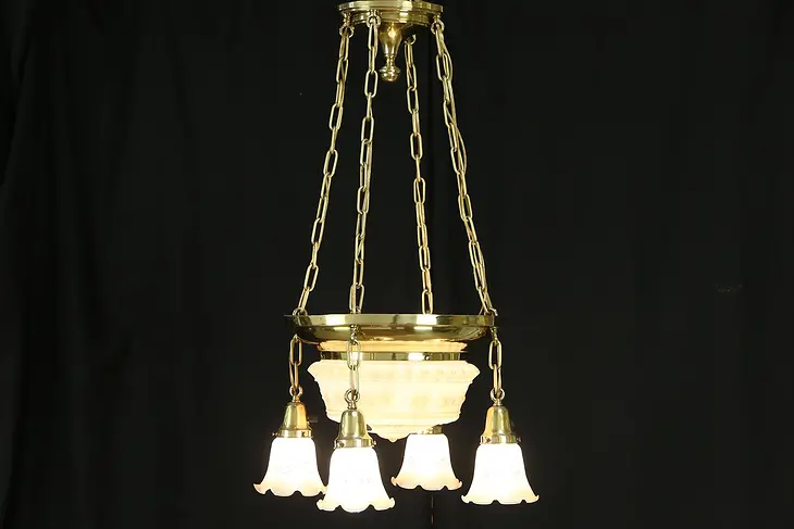 Victorian Antique 1900 Brass Chandelier, 5 Etched Glass Shades