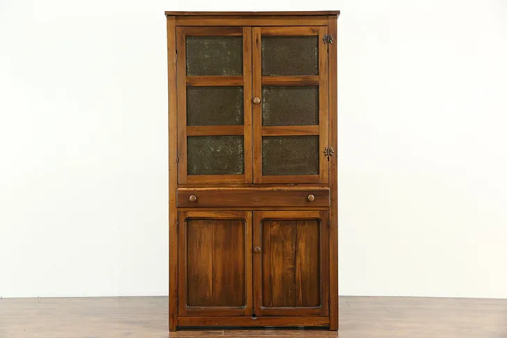 Primitive Antique Kitchen Pantry Pie Safe Cupboard, Punched Tin Doors