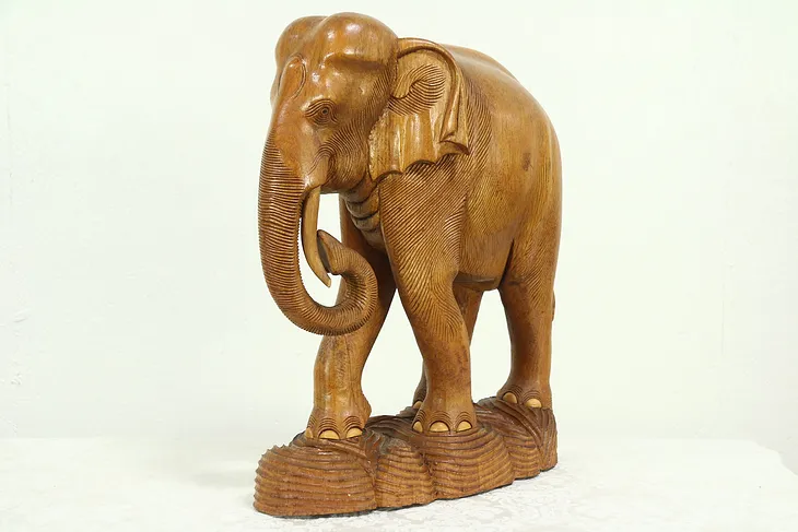 Elephant Sculpture, Vintage Hand Carved Teak, Thailand