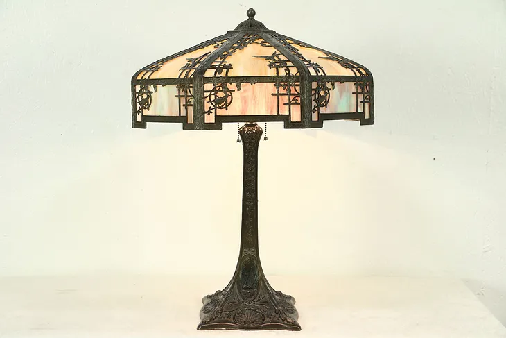 Table Lamp, 1920 Antique Stained Glass Shade, Birds, Swans & Grapevine Motifs