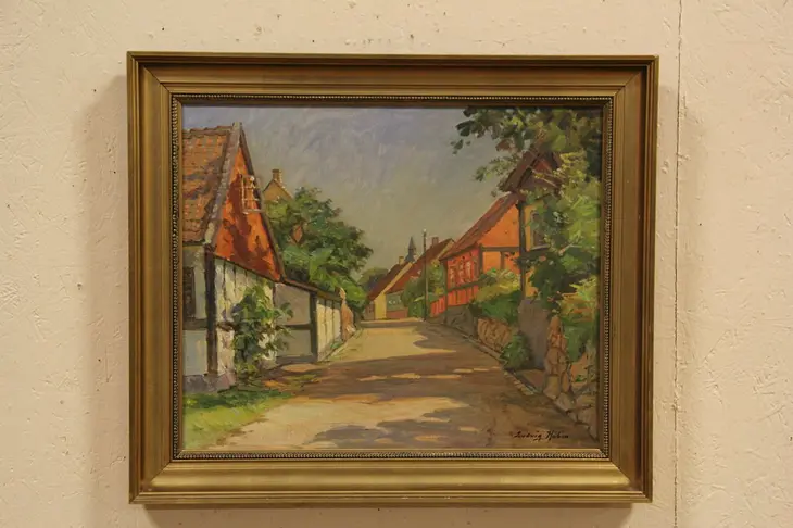 Village Street in Denmark, 1915 Antique Original Oil Painting
