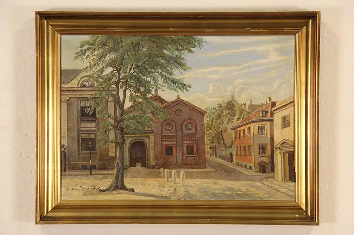 Village Square in Scandinavia, Original Oil Painting, Signed early 1900's
