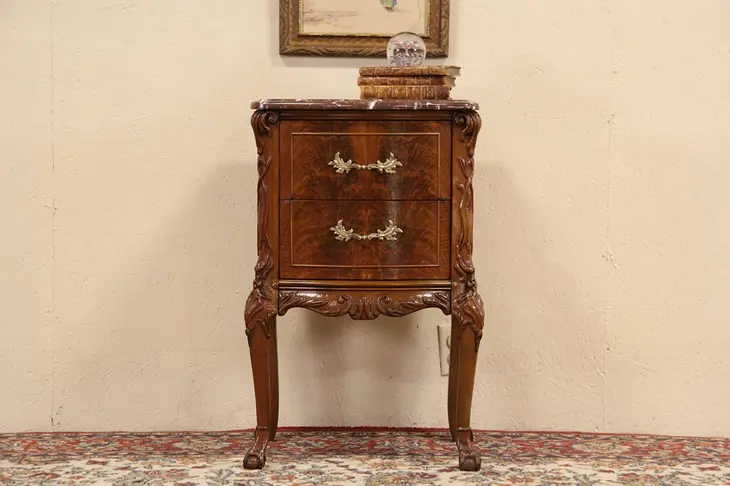Marble Top 1920 Carved Night Stand, Bedside or End Table