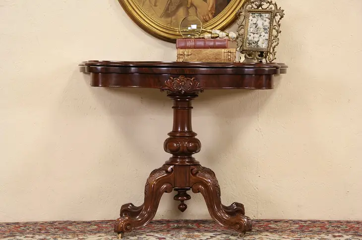 Console Table opens to Game Table 1870's Antique Burl