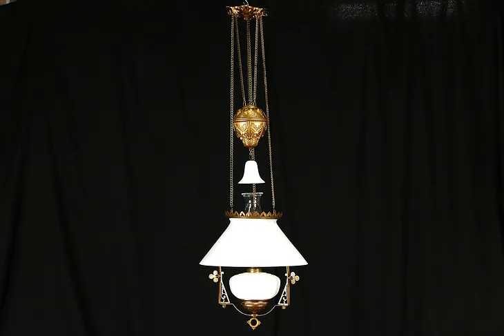 Victorian 1880 Antique Hanging Kerosene Lamp Adjustable Ceiling Light Fixture