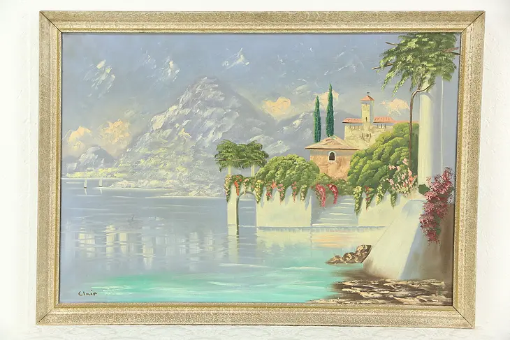 Mediterranean Villa Vintage Original Oil Painting, Signed Clair