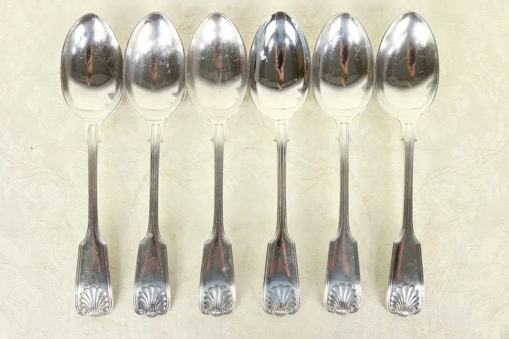 Set 6 Soup or Dessert Spoons, Kings Fiddle Shell Pattern, Atkin England #29341