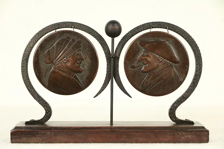 Dutch Antique Double Dinner Gong, Copper Faces, Iron Frame & Hammer #29650