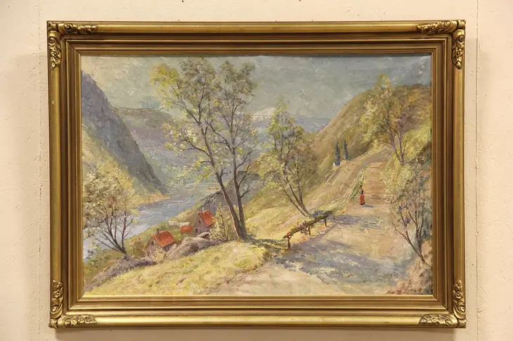 Mountain Scene in Denmark, 1915 Signed Oil Painting