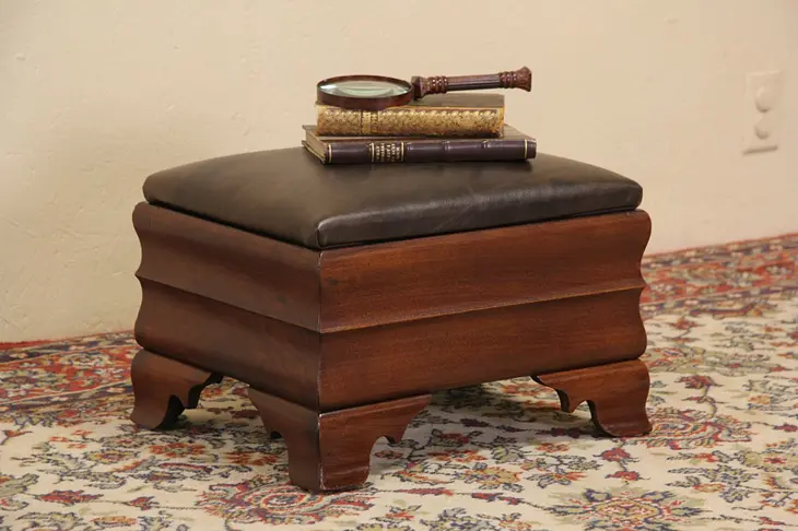Leather American Empire 1840 Antique Walnut Footstool