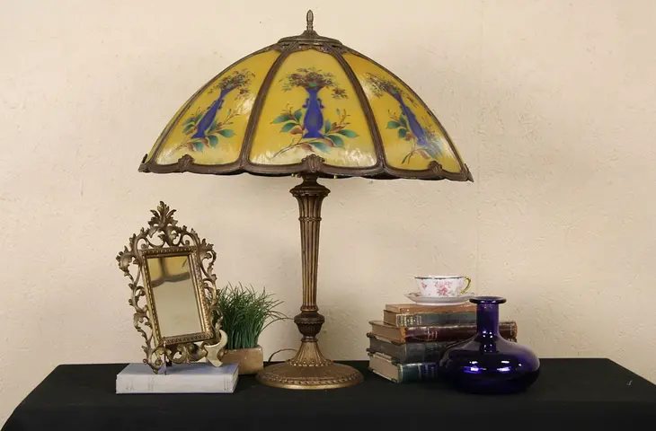 Lamp 1915 Antique, Reverse Painted Glass Shade