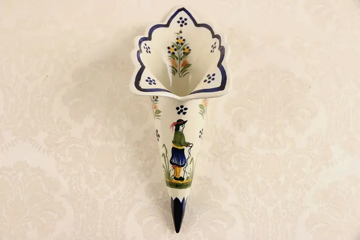 Henriot Quimper Signed Wall Vase, Hand Painted Brittany, France