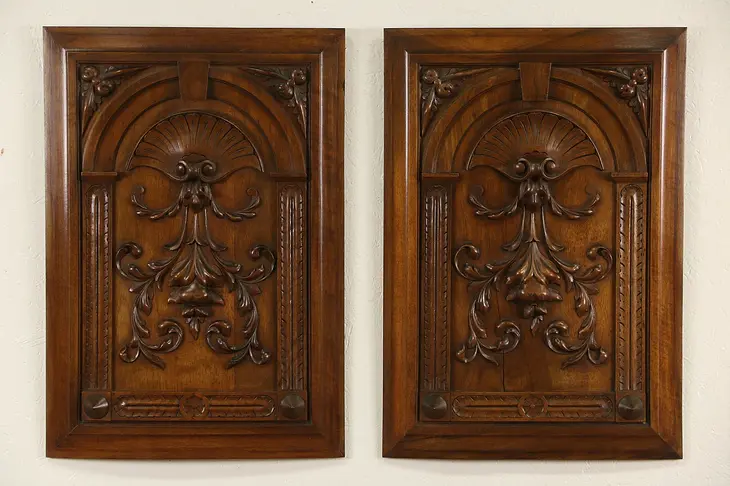 Pair French Hand Carved Walnut 1880 Antique Architectural Salvage Panels