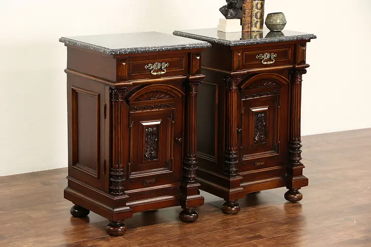 Pair of Italian 1890 Antique Carved Nightstands or End Tables, Black Marble