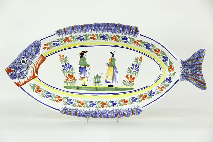 Quimper Signed 24" x 11 1/2" Fish Platter, Hand Painted, Brittany, France