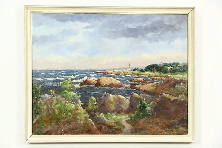 Ocean Shore & Village Oil Painting, Signed 1959, Denmark