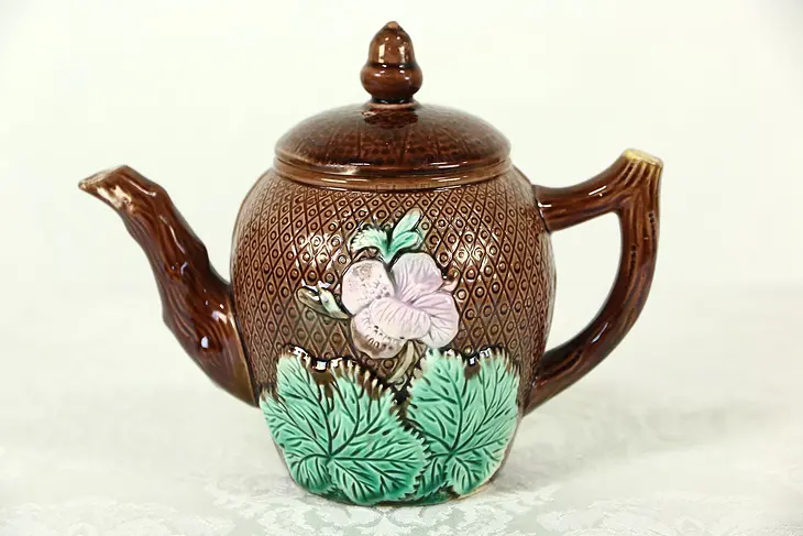 Majolica Hand Painted Tea Pot, 6" Tall With Lid