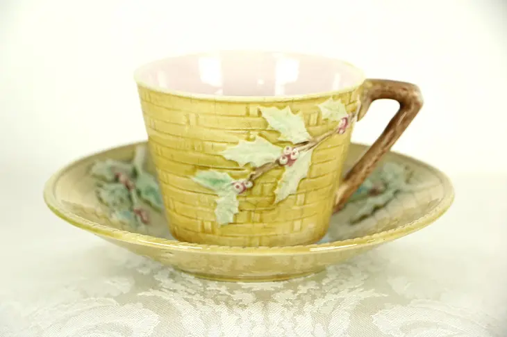 Majolica Hand Painted Tea or Coffee Cup and Saucer, Holly Leaf