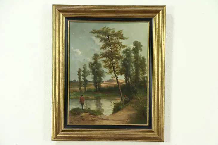Fishing at a Pond in Scandinavia, Antique Original Oil Painting, Signed Laumans