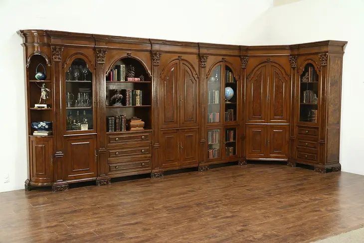 Italian Carved Walnut Vintage Library Bookcase & Bar Cabinet, L Shape, 16' Long