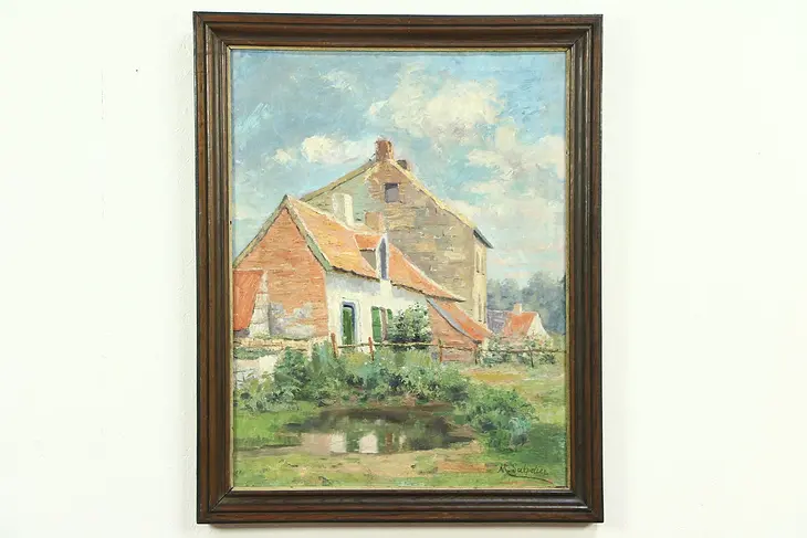 Ancient Farmhouse in France, Antique Original Oil Painting, Signed M. Sulpetier