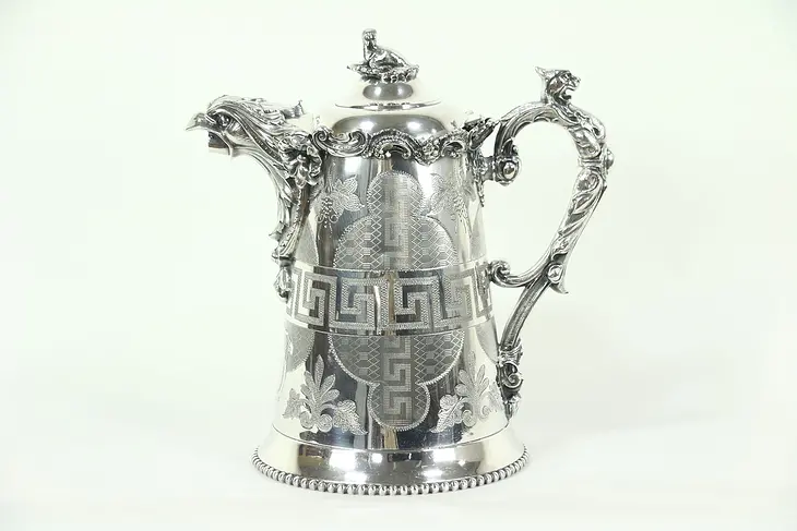 Victorian c. 1886 Engraved Silverplate Water Pitcher, Sea Lion & Eagle #28659