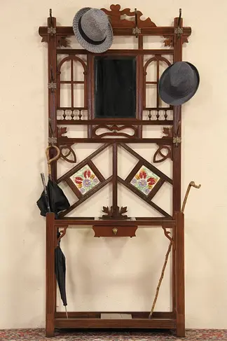 Hall Stand & Mirror, 1890 English Oak & Tile Antique