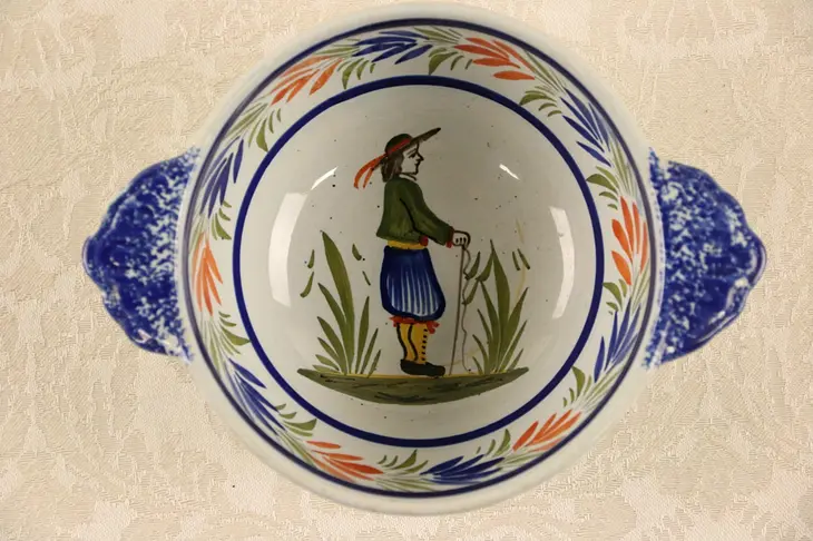 Henriot Quimper Signed Porridge Bowl with Handles, Hand Painted France