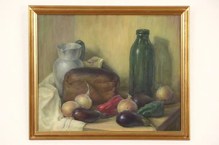 Still Life with Vegetables, Original Italian 1930's Oil Painting Signed Serritti