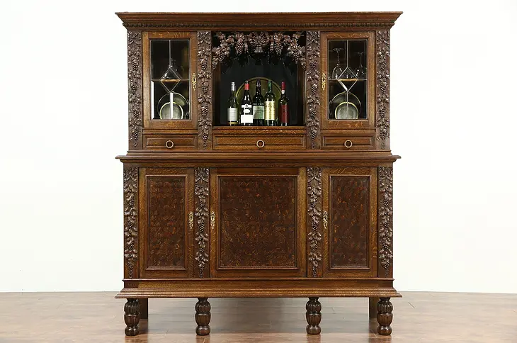 French Oak Antique 1900 Wine Cabinet, Back Bar, Sideboard, Carved Grapevines