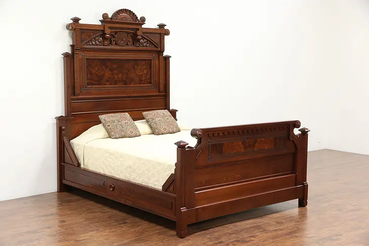 Victorian Eastlake Queen Size Antique 1880 Carved Walnut & Burl Bed