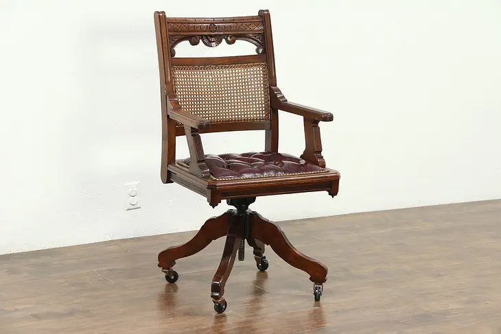 Victorian Eastlake Walnut Antique Swivel Library Desk Chair, Leather Seat