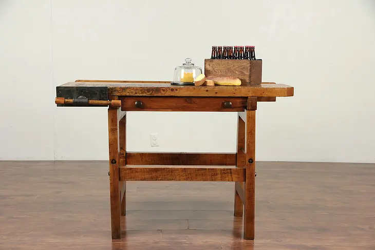 Carpenter Antique Maple Workbench, Kitchen Island or Wine & Cheese Table #29700