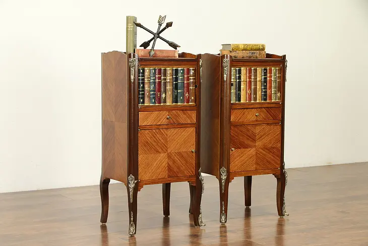 Pair of Vintage Tulipwood End Tables or Nightstands, Leather Books #31861