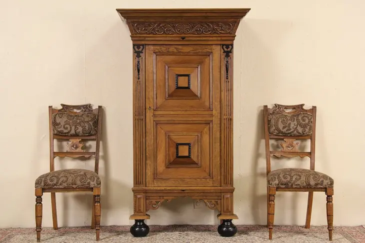 Kas Dutch  Antique Dowry Cabinet Armoire, Oak, Rosewood & Ebony 1900's