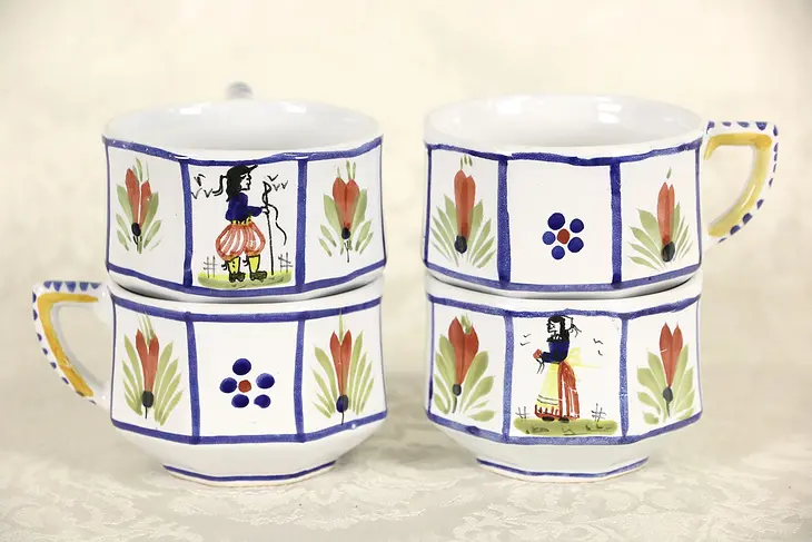 Quimper Set of 4 Coffee Cups, Hand Painted, Signed Brittany, France