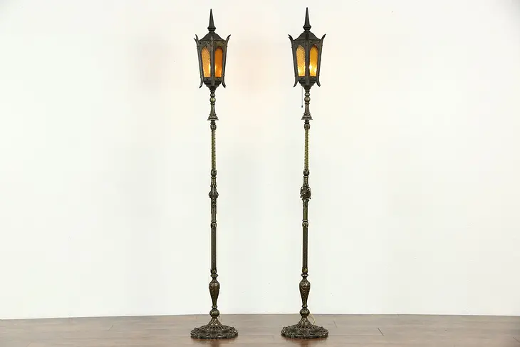 Pair 1920's Antique Floor Lanterns or Lamps, Gargoyles & Stained Glass Shades