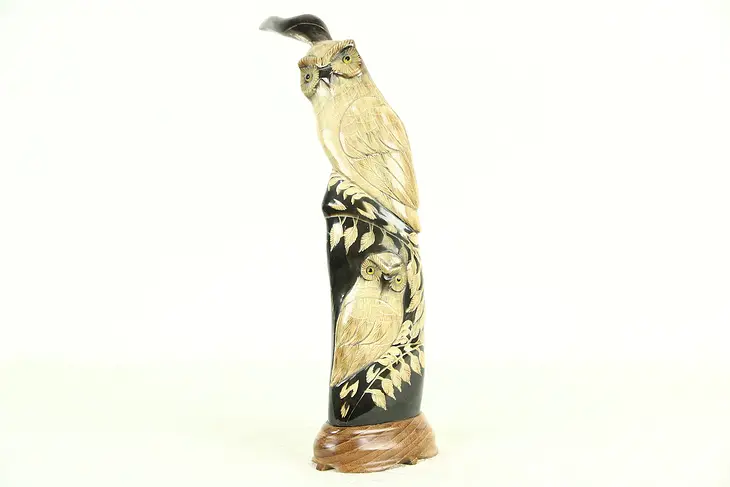 Bird Sculpture of Owls, Hand Carved Buffalo Horn, Thailand Folk Art 12" Tall