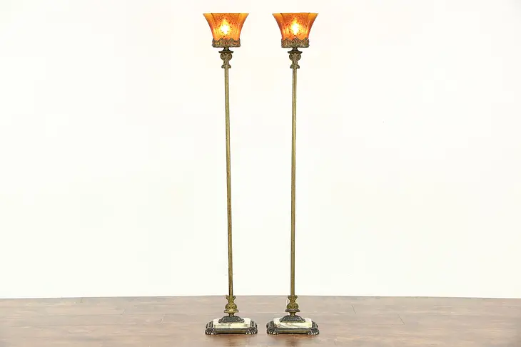 Pair 1915 Antique Torchere Lamps, Onyx, Etched Glass Shades, Signed Milcast
