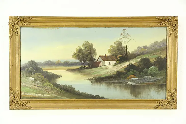 Victorian Antique Farmstead & Pond Scene Original 1900 Oil Painting