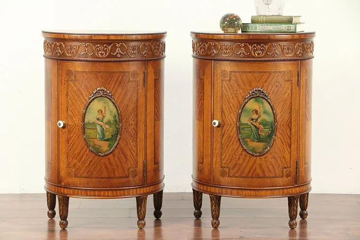 Pair Antique Satinwood Demilune Nightstands or End Tables, Hand Painted #29472