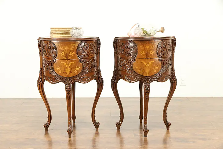 Pair of Round Vintage Carved Marquetry End Tables or Nightstands #31192