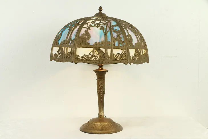 Stained Glass 2 Color Curved Panel Shade Antique Lamp, Filigree #31517