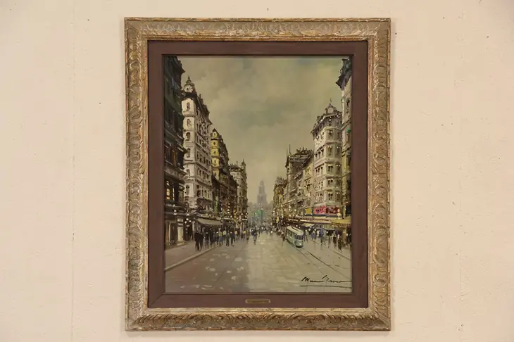 Moreno Signed 1950 Vintage Oil Painting, Paris Street Scene