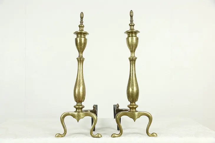 Pair of Brass Traditional Fireplace Andirons, Cast Iron Log Rests